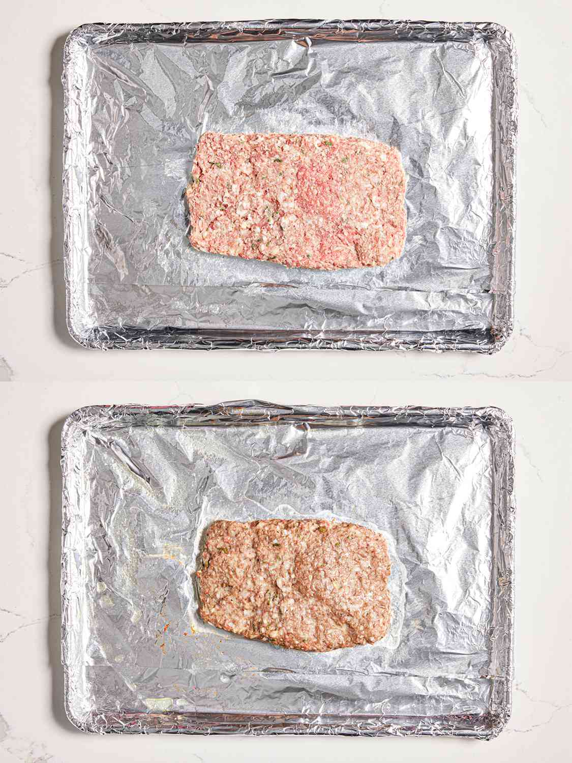 Two Image Collage. Top: Lamb mixture formed into a log on an aluminum foiled lined baking sheet before cooking. Bottom: Lamb log after being cooked
