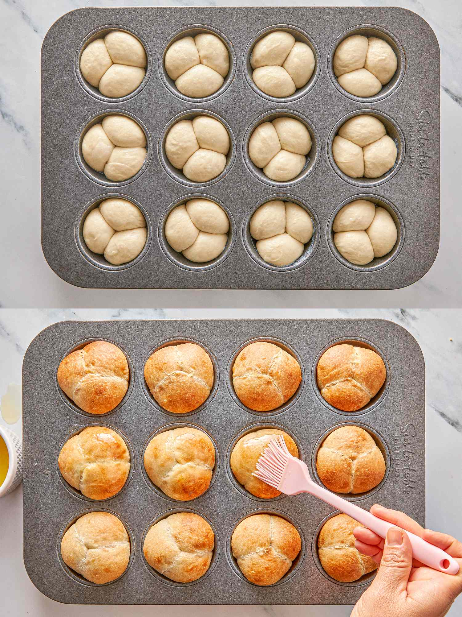Unbaked and baked divided bread rolls in a muffin tin baking process step