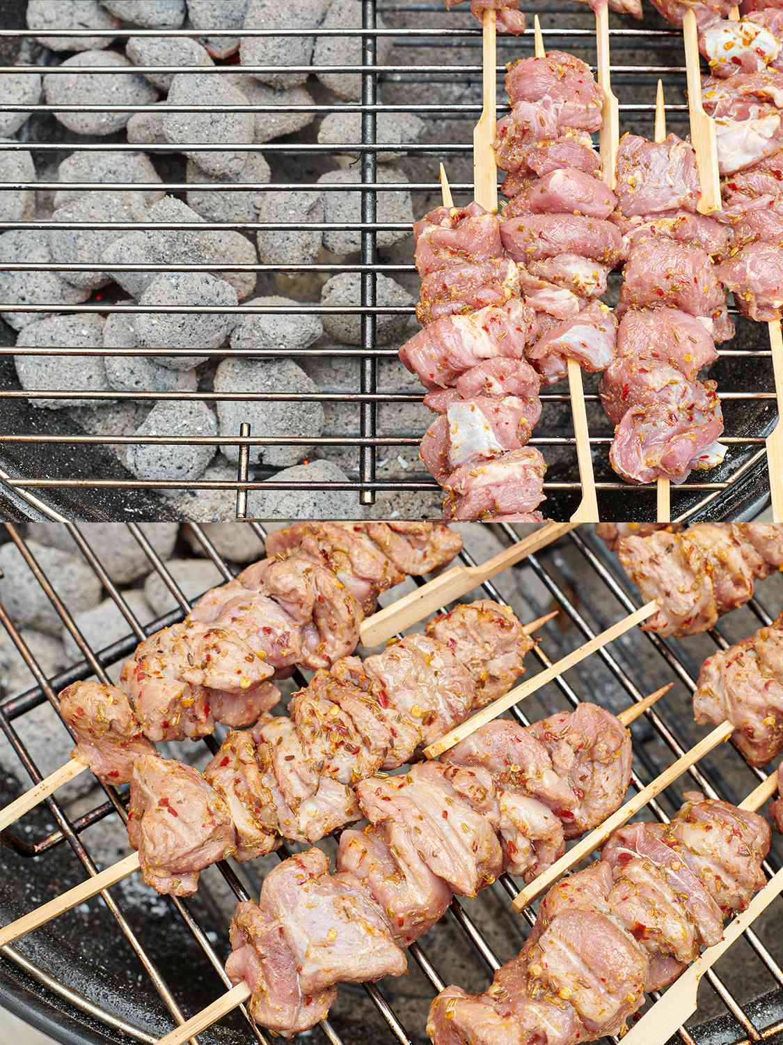 A two-image collage. The top image shows the skewers of meat placed on the indirect heat side of the grill. The bottom image shows the skewers, now-flipped, so that you can see that the meat has begun to cook.