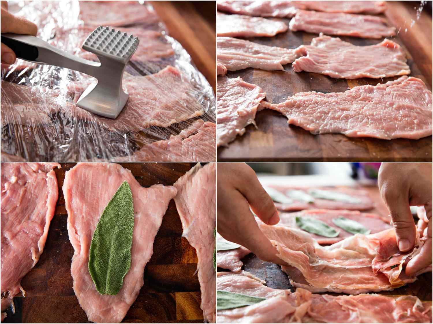 A 4-image collage of pounding out veal cutlet and layering on sage leaf and prosciutto.