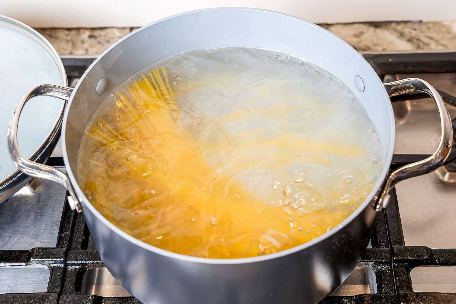 Pasta being cooked in a pot from the GreenPan Valencia Pro Ceramic Nonstick 11-Piece Cookware Set