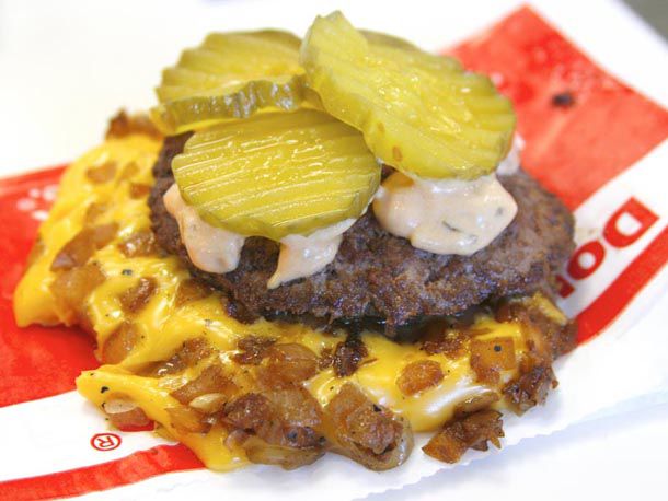 The Flying Dutchman, Animal-Style with pickles, sauce, two patties, and chopped grilled onions 