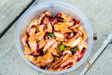 A bowl of octopus poke. 