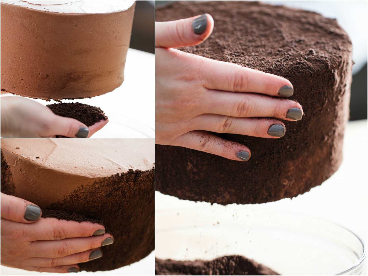 Coating exterior of chilled Devil's food cake with Oreo cookie crumbs.