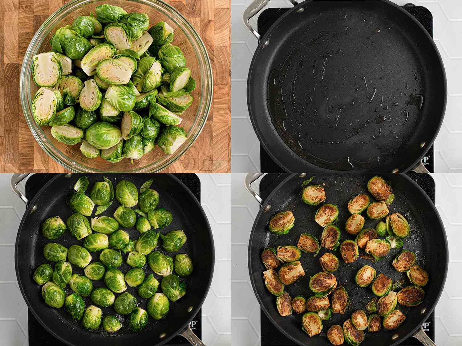 A four-image collage showing the Brussels sprouts being seared. The top left image shows the sprouts well coated in bacon fat inside of a bowl. The top right image shows a cast iron pan with bacon fat inside of it. The bottom left image shows the sprouts face down in a single layer inside the cast iron skillet. The bottom right image shows the sprouts flipped inside the skillet, showing off the browned side.