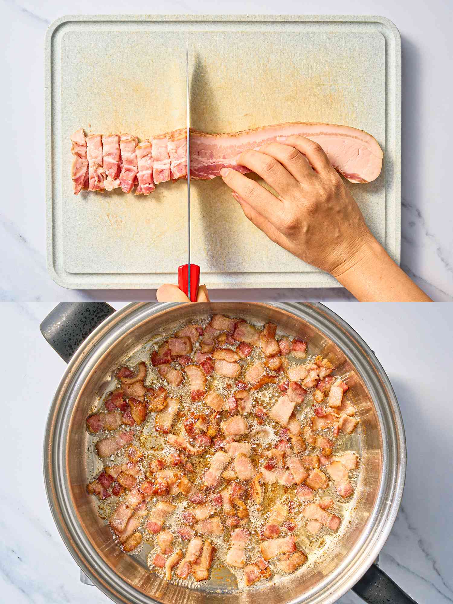 2 image collage. Top: cutting bacon into 1/2 wide pieces on a chopping board. Bottom: browned bacon after cooking in a skillet 