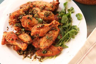 platter of crispy oven-fried chicken wings with Xi'an numbing spices 