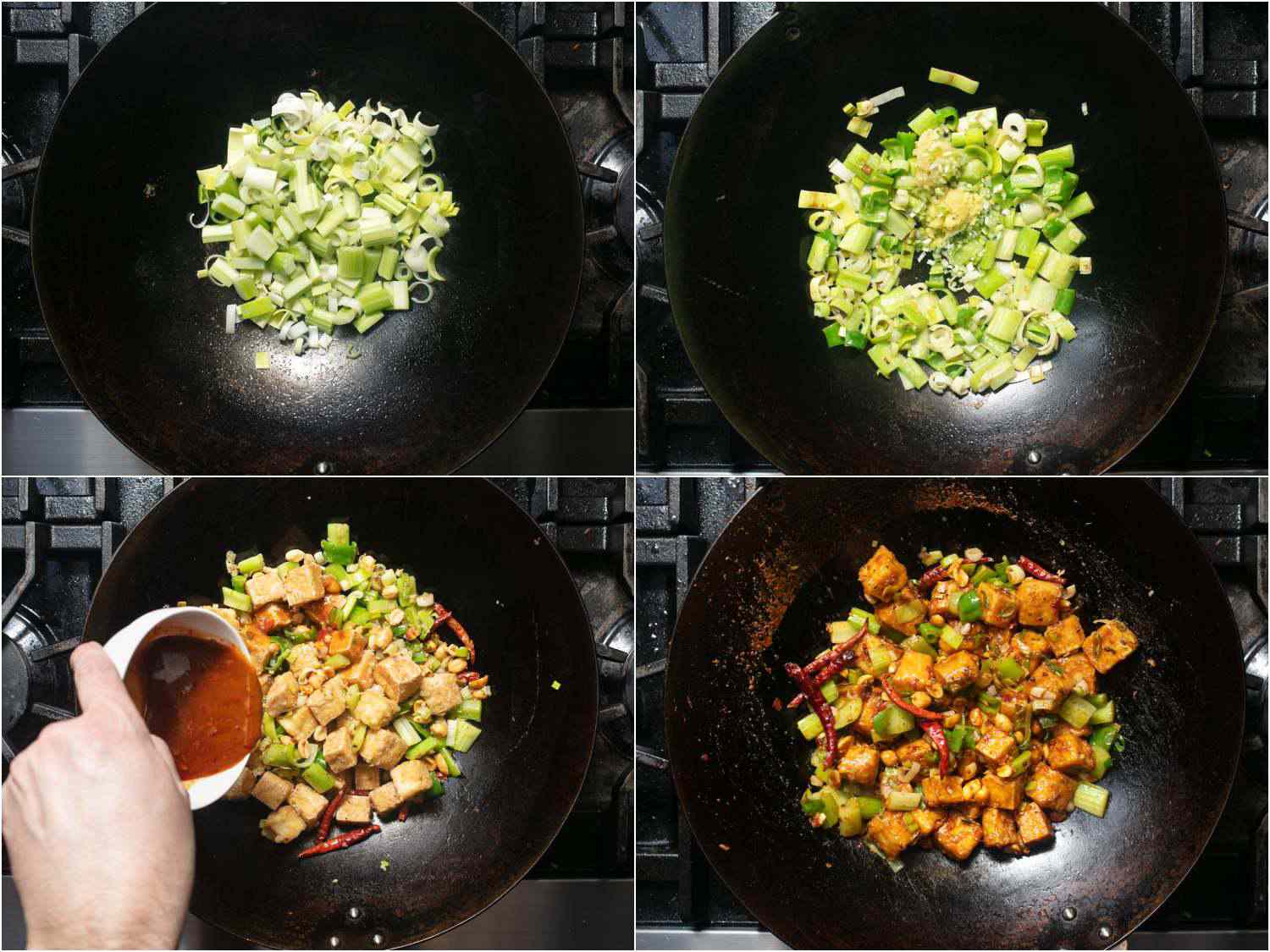 Collage of ingredients being fried and sauteed together in a wok for vegan kung pao tofu