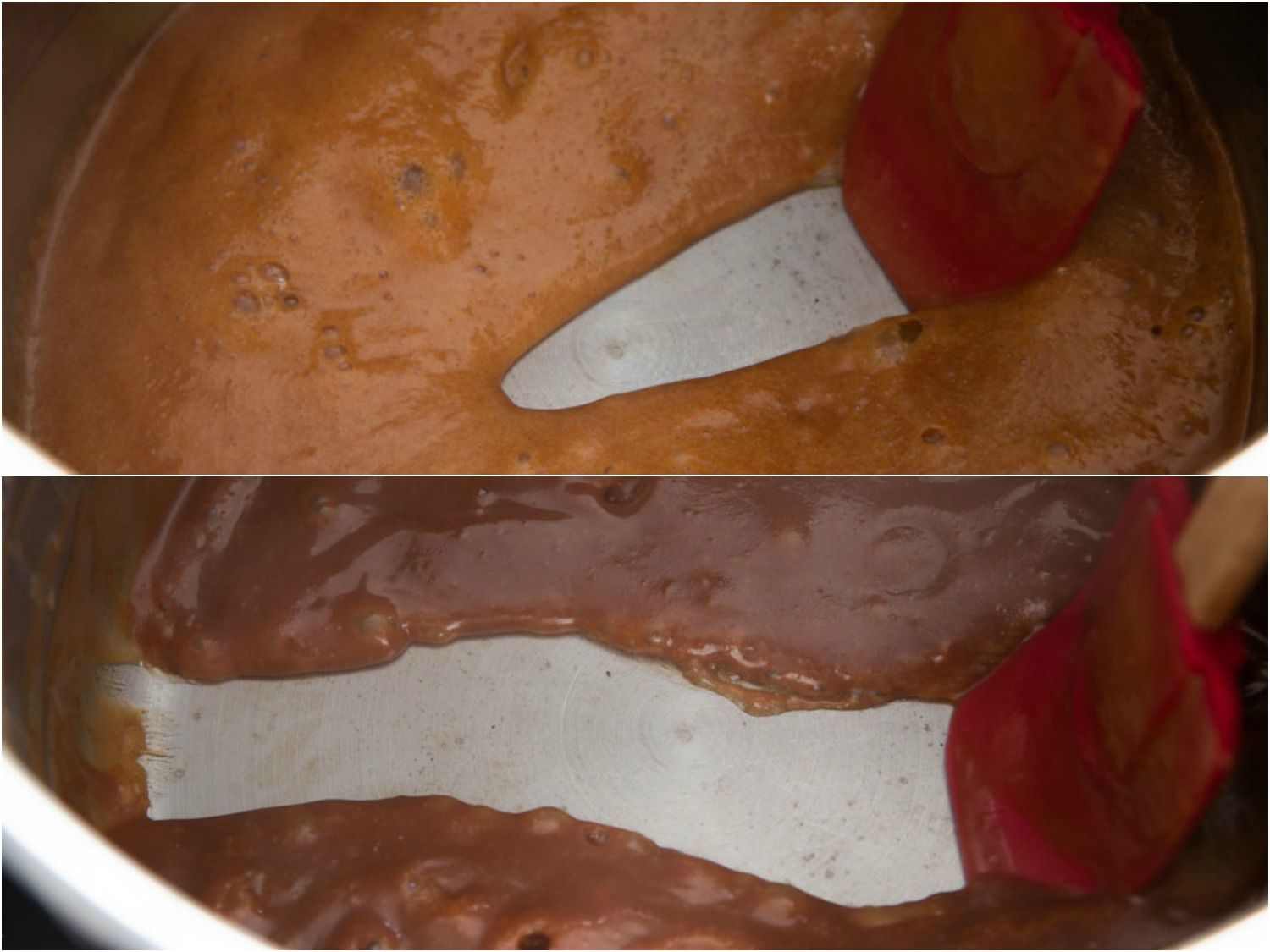 A collage: stages of cooking cajeta results in different levels of thickness shown by the trail left behind after a spatula scrapes the bottom of the pot. The cajera in the top photo is not as thick as the one below. 