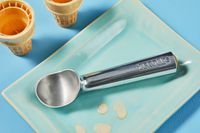 an ice cream scoop on a blue plate