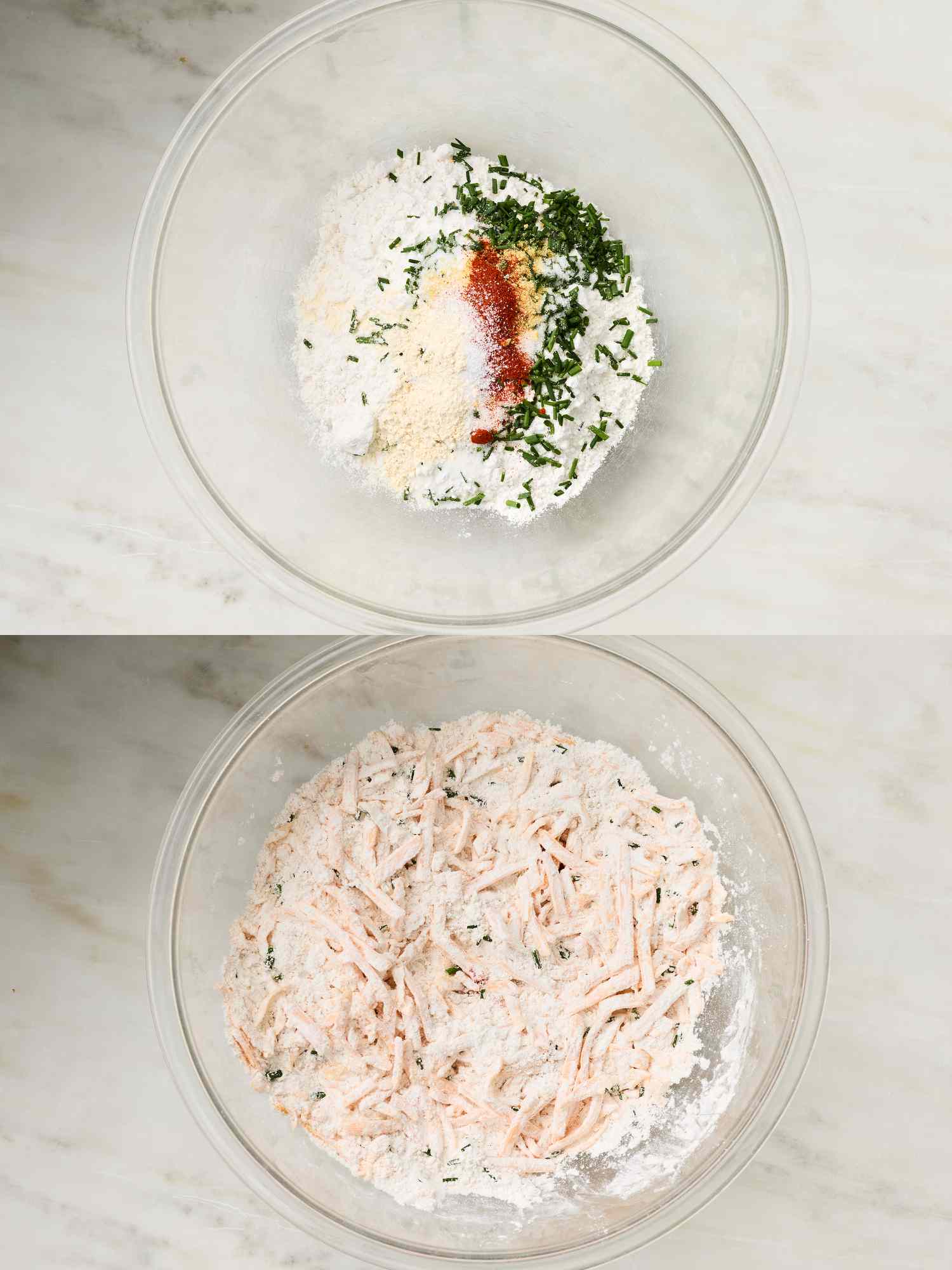 Two bowls showing the mixing stages of ingredients for biscuits