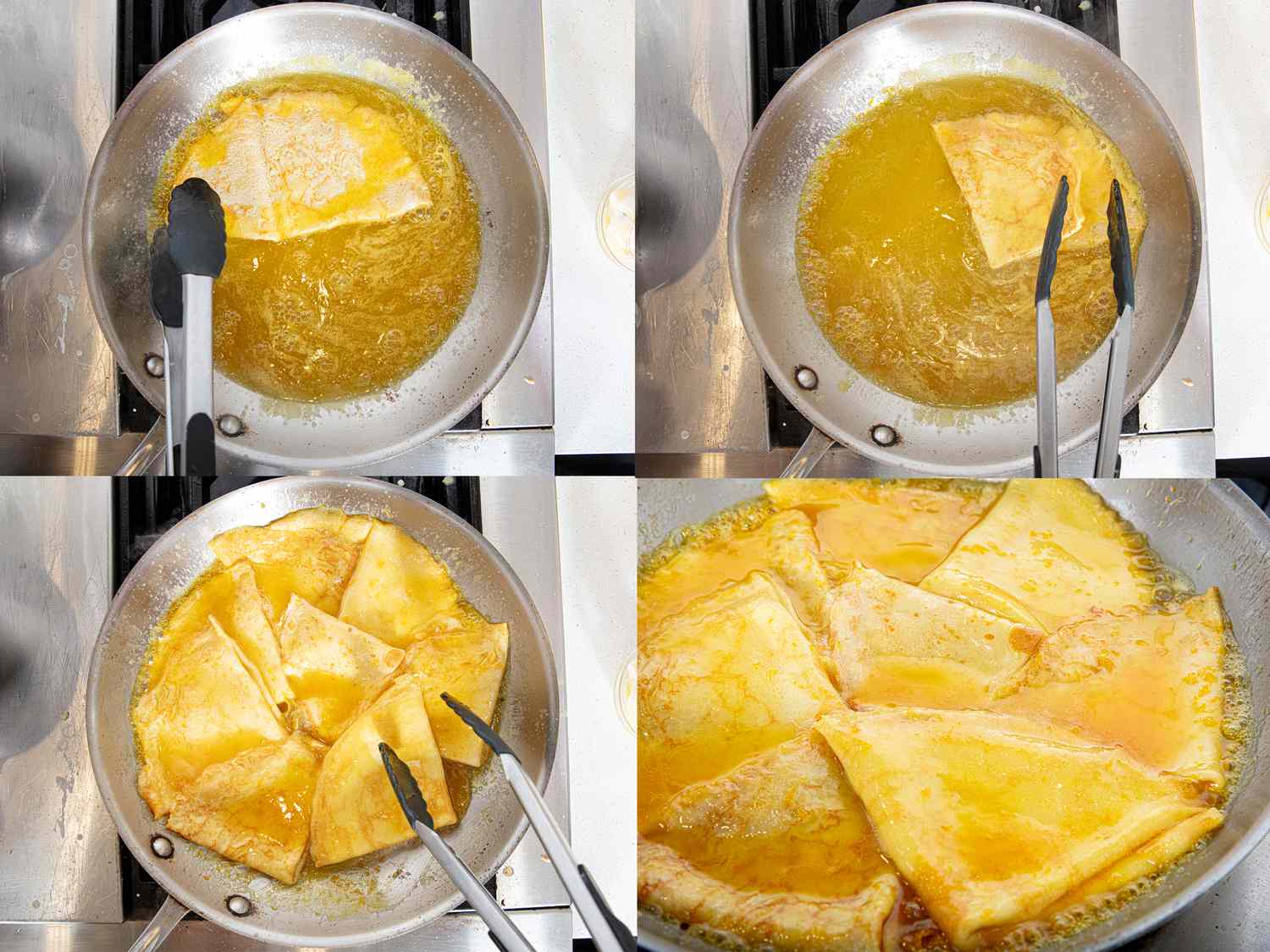 Four image collage of cooking crepes in sauce