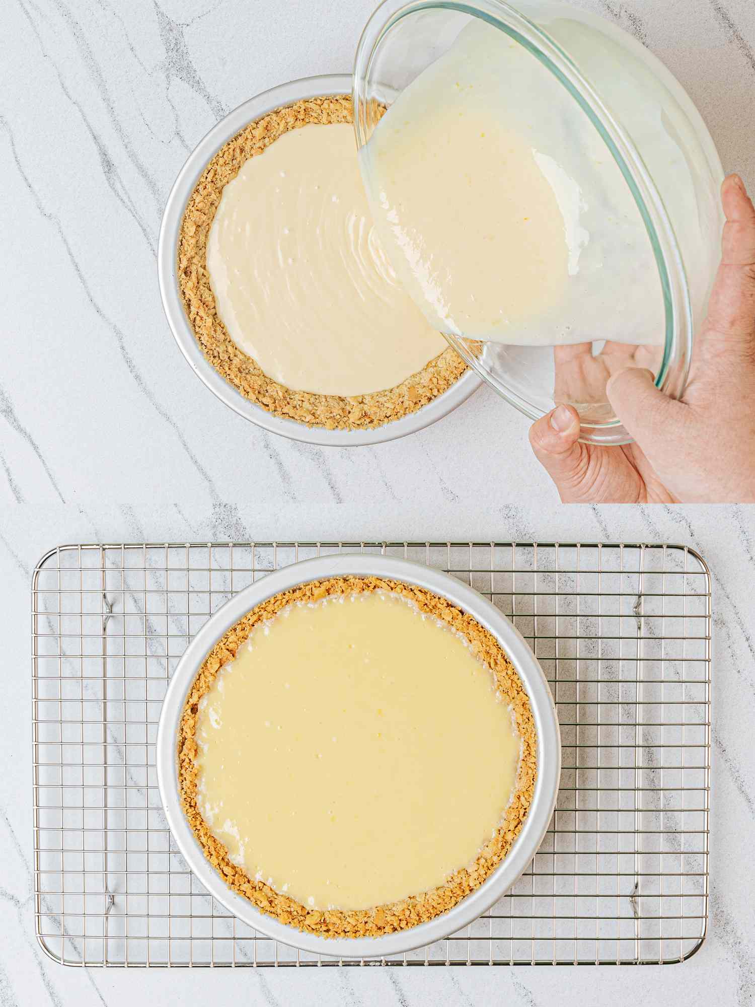 Preparing an Atlantic Beach Pie with filling being poured into a graham crust and a baked pie cooling on a rack