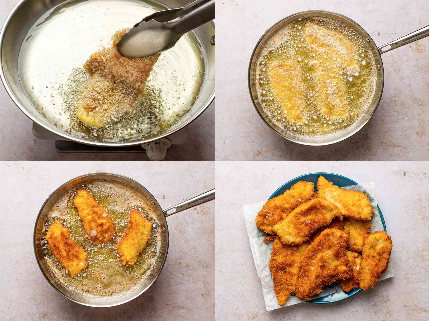 A four-image collage. The top left image shows a pair of tongs gently lowering a breaded chicken cutlet into the oil inside of the saute pan. The top right image shows three chicken cutlets frying inside of the pan of oil. The bottom left image shows the chicken cutlets flipped over in the pan, highlighting the golden brown color of the coating. The bottom right image shows a blue plate lined with paper towels and covered in fried, golden brown chicken cutlets.