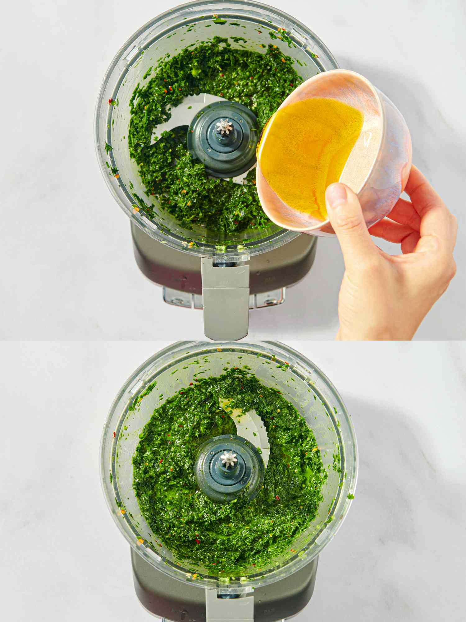 Twostep process of making chimichurri sauce in a food processor first adding ingredients and then after processing the mixture
