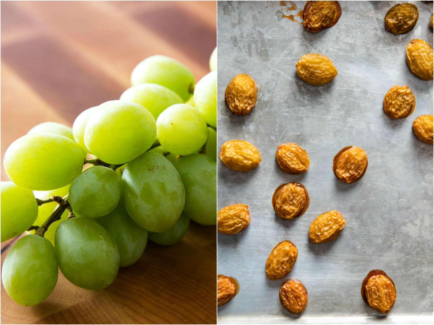 Side by side images of green grapes before and after drying.