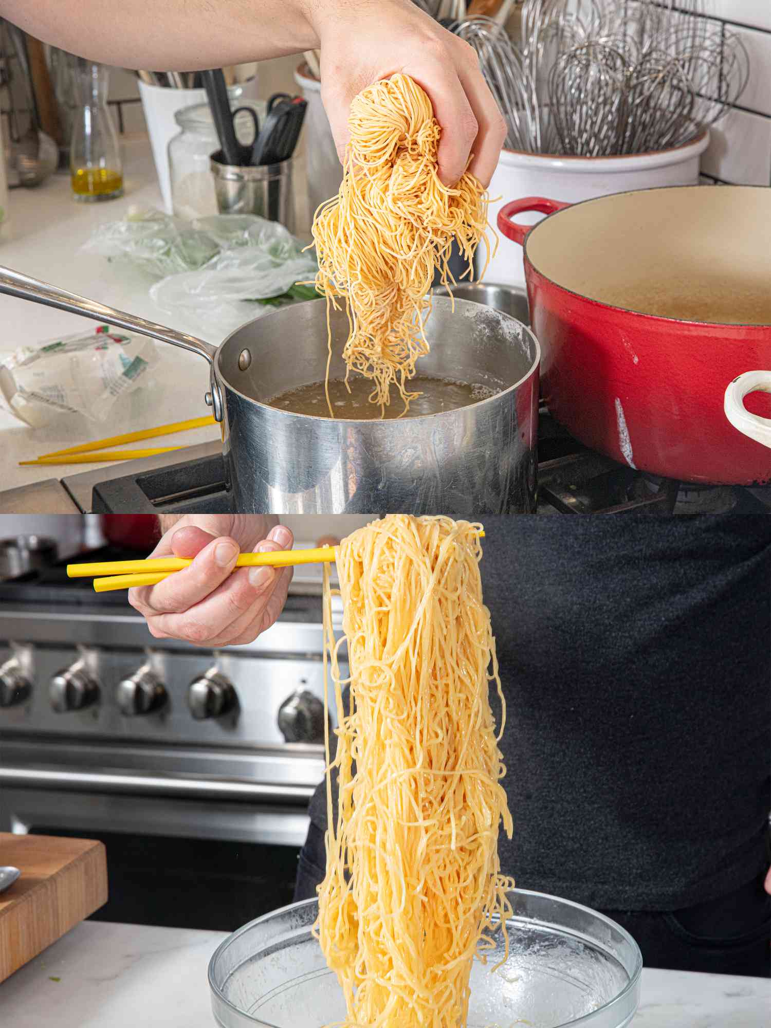 Two image collage of cooking noodles