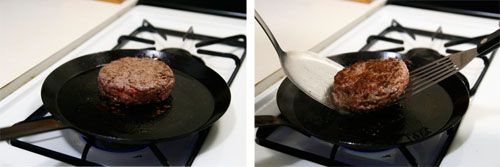 A two-image collage of a burger being flipped in a pan.