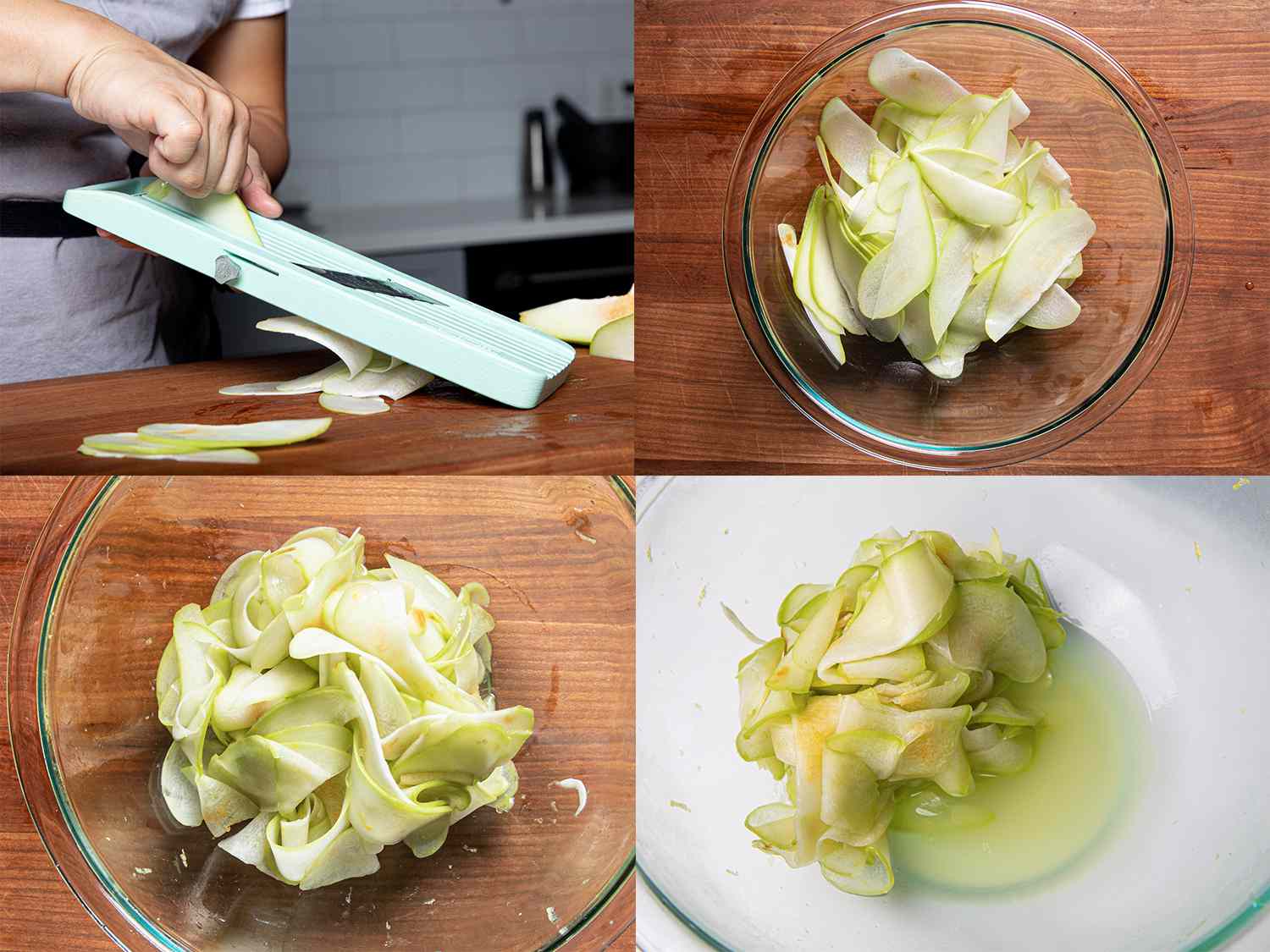 Four Image Collage. Top Left: A chayote being cut on a mandolin. Top Right: cut chayote in a bowl. Bottom right: massaged chayote in a bowl. Bottom left: chayote slices in a glass bowl after water has seeped out