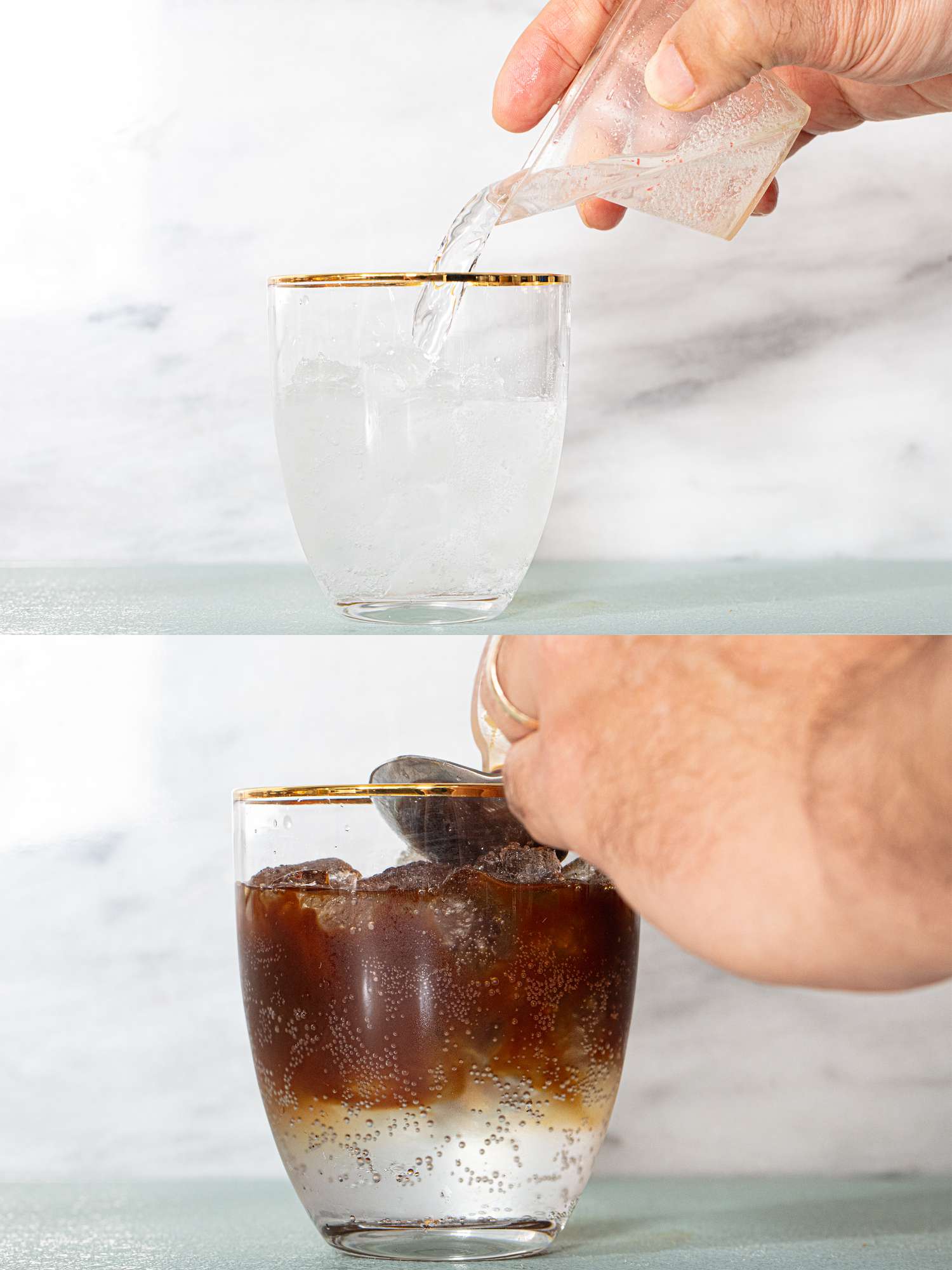 A two-photo collage showing tonic water being poured on ice in a glass, then espresso being poured on top of that.