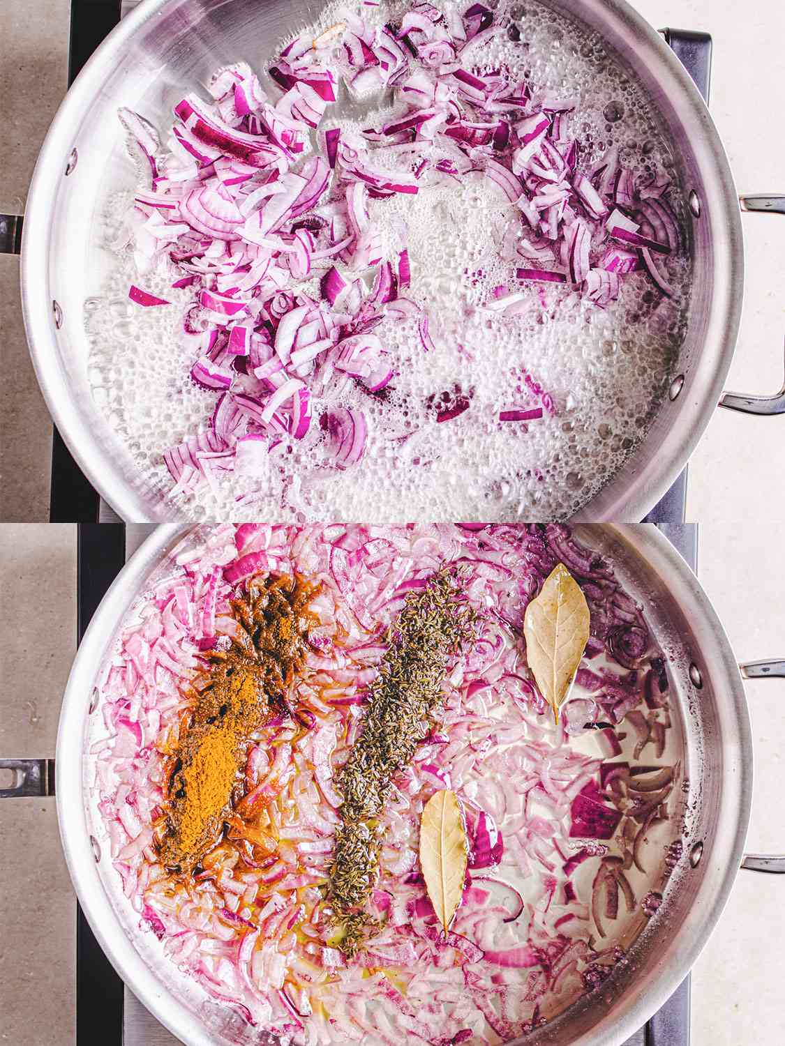 Two image collage of onions cooking in oil with spices added to it