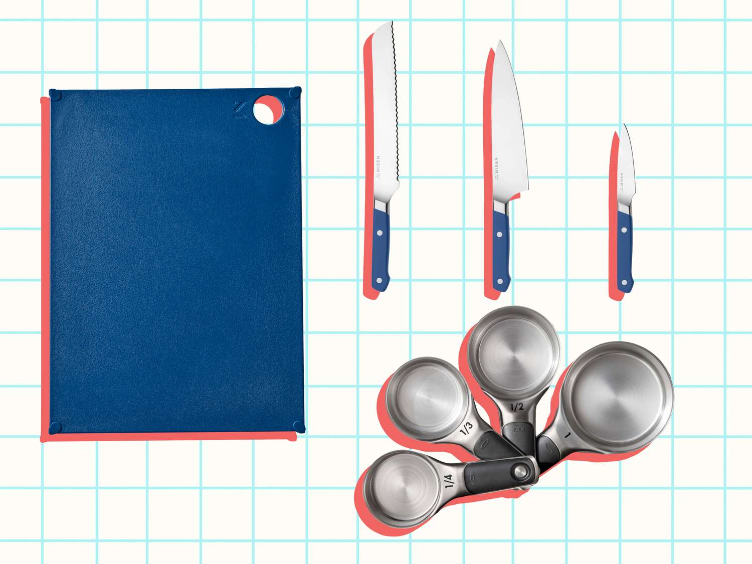 Material The (grippy) reBoard, Misen Knife Set, and OXO Stainless Steel Measuring Cups