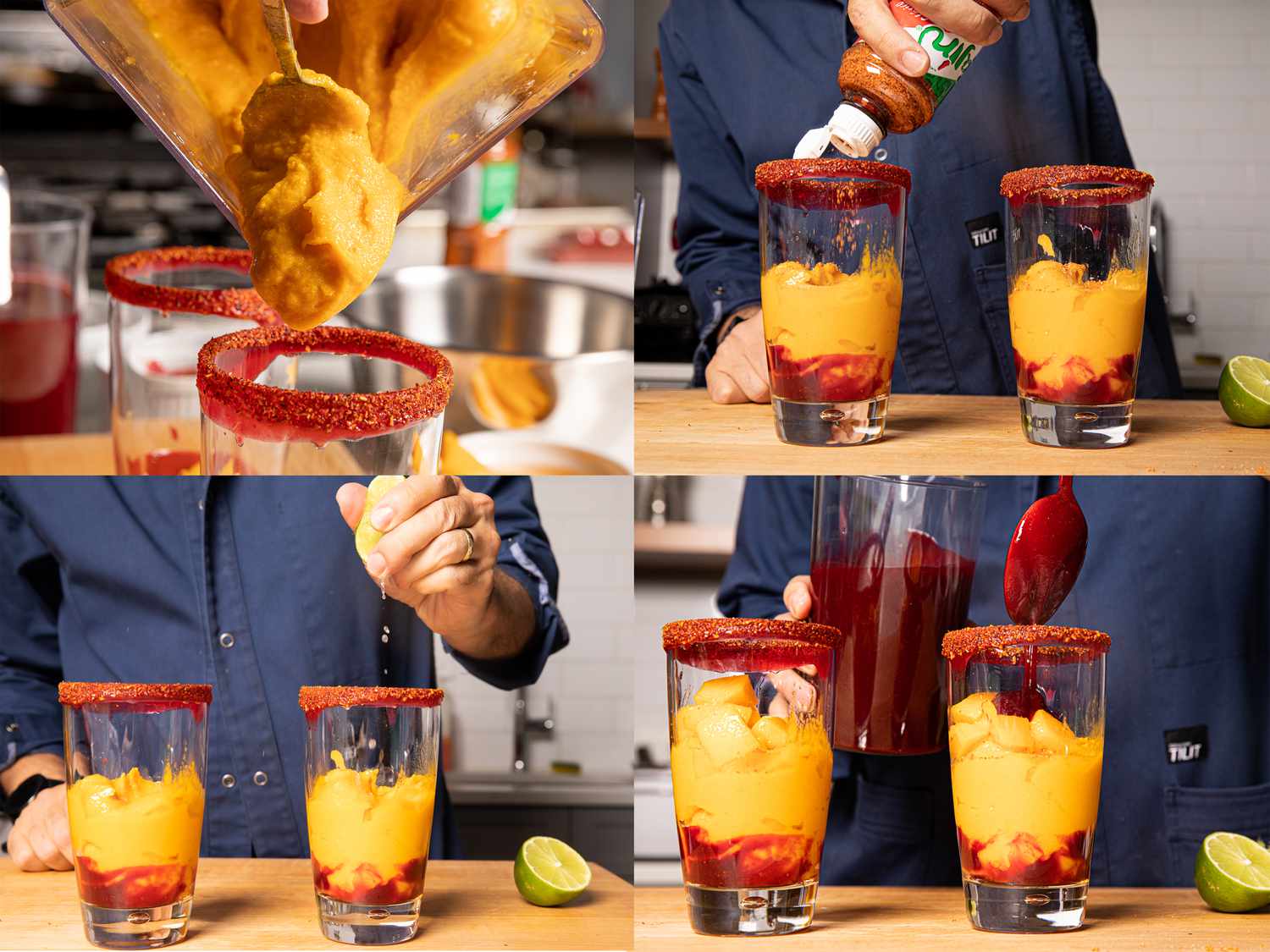 Collage showing the layered construction of a mangonada in the glass