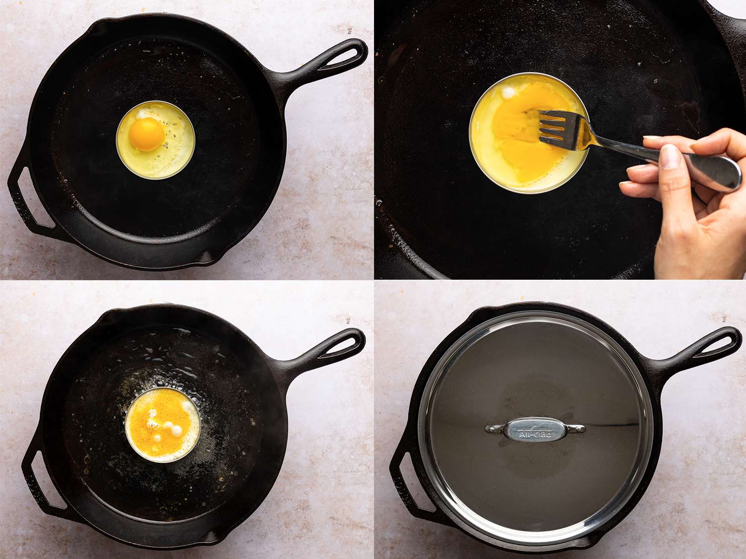 A four-image collage showing the process of cooking the egg. The top left image shows a raw egg placed inside of the ring of a mason jar lid, inside of a cast iron skillet. The top right image shows that egg's yolk being broken with a metal fork held by a hand. The bottom left image shows the egg, now slightly cooked, and the bottom right image shows the pan covered by a metal lid, which will help to trap head, thus finishing the egg's cooking.