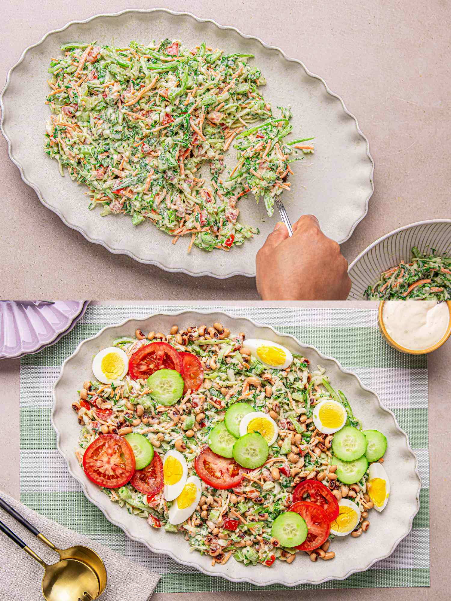 Two views of a Nigerian salad being prepared one before and one after adding toppings like eggs cucumbers and tomatoes