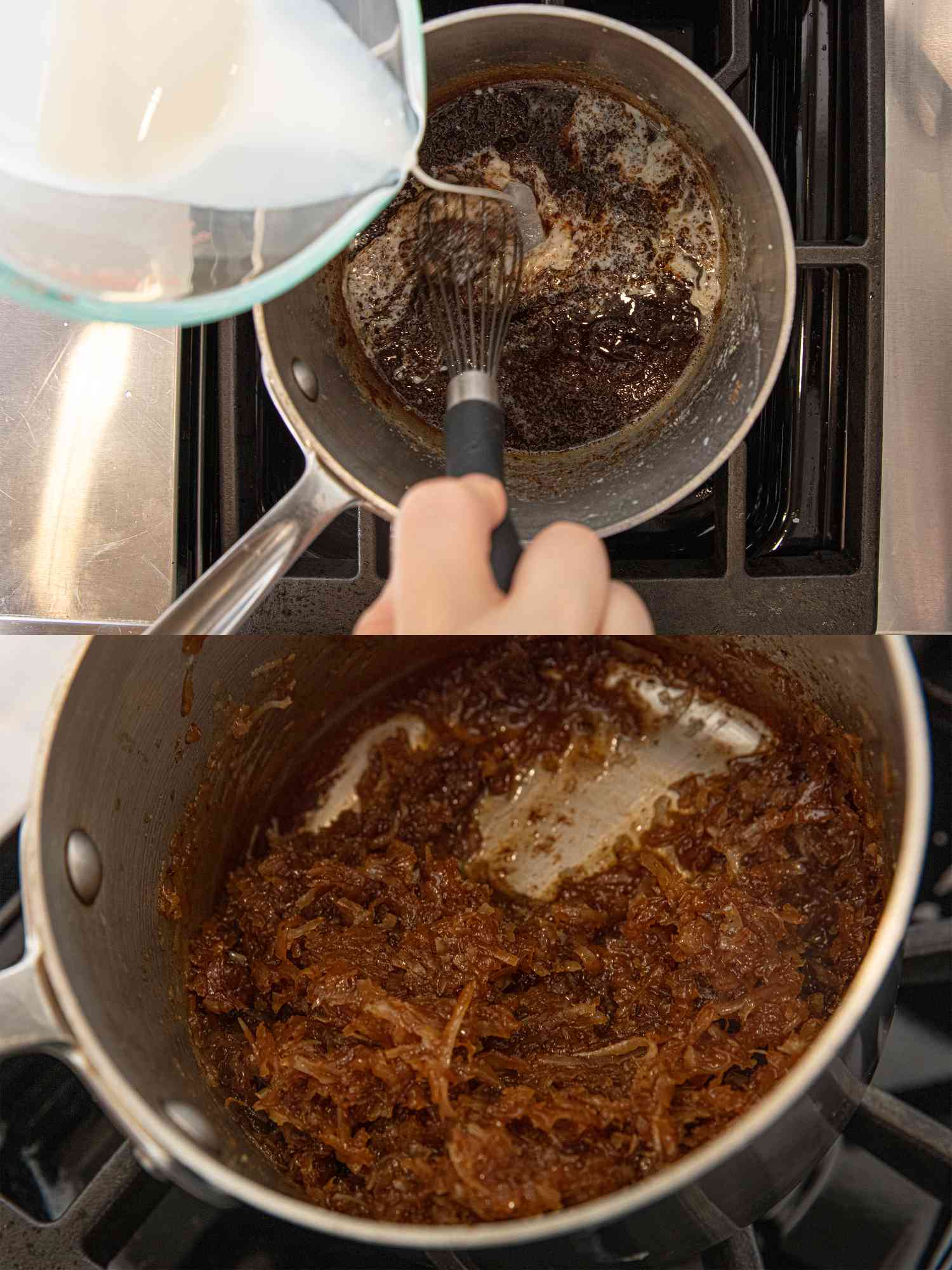 Cooking process for caramelization, milk being added and mixture stirred in a saucepan on a stove