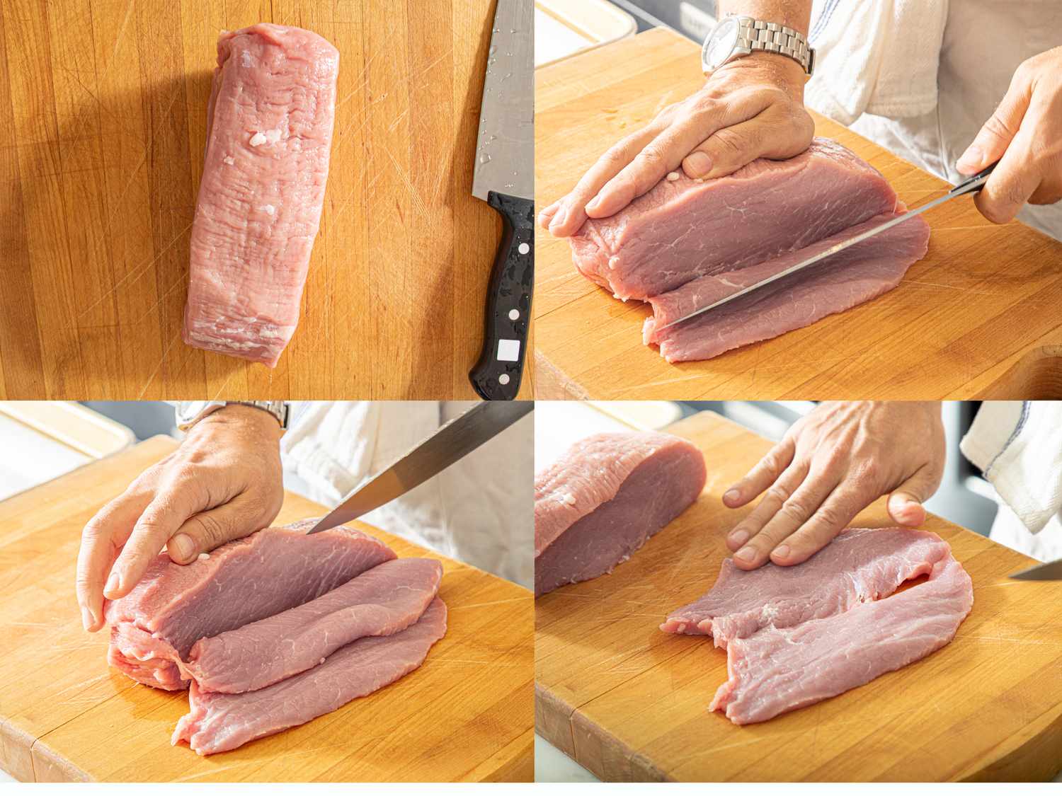 Series of images showing steps of slicing a piece of meat on a cutting board with a knife
