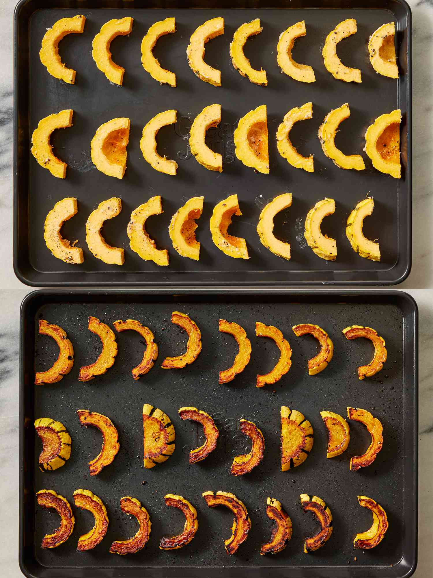 2 image collage. Top: Sliced and seasoned delicata squash on a sheetpan. Bottom: Arranged slices of squash after being roasted on a sheetpan. 