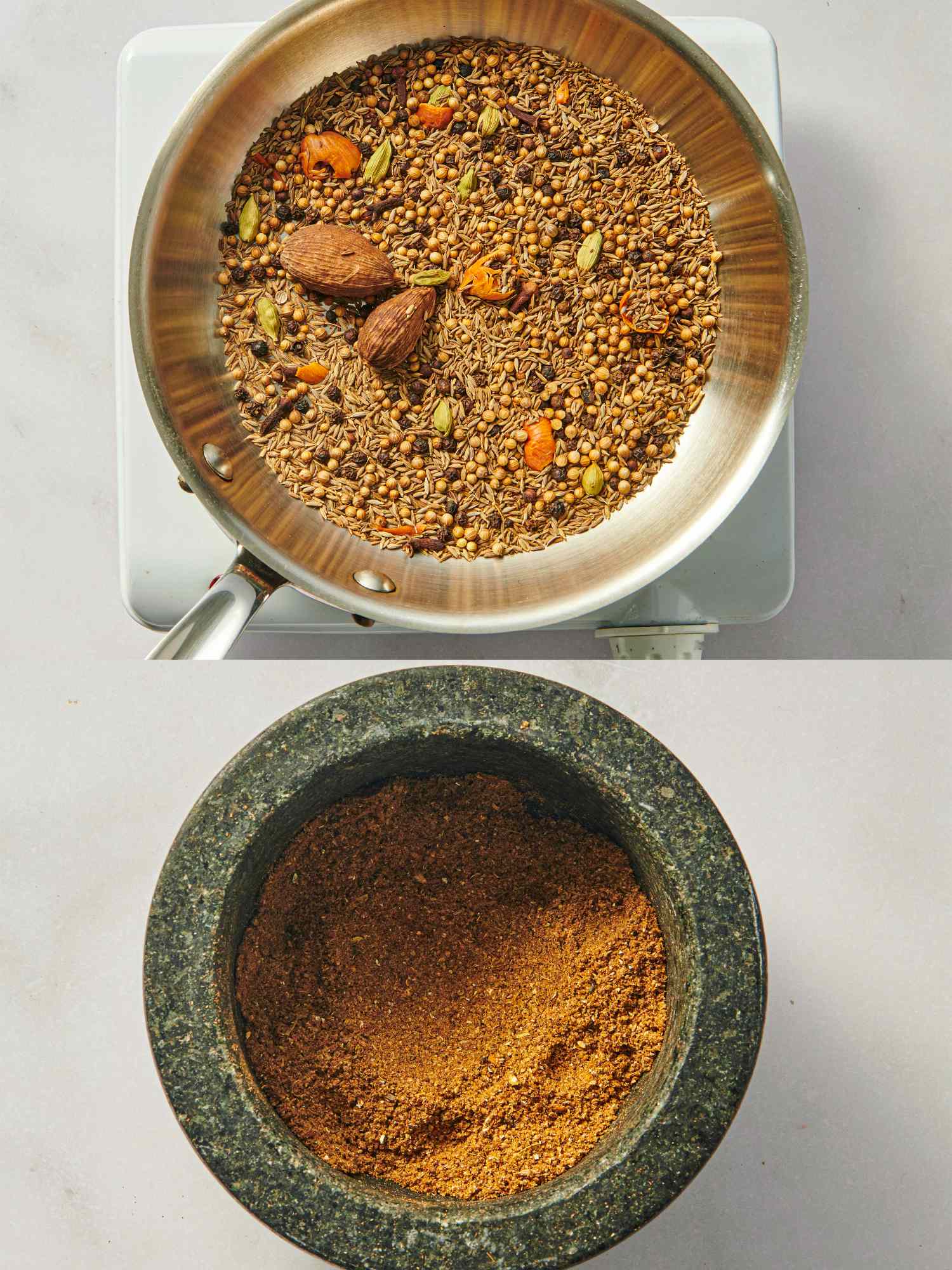 A spice mix in a pan and then ground in a mortar