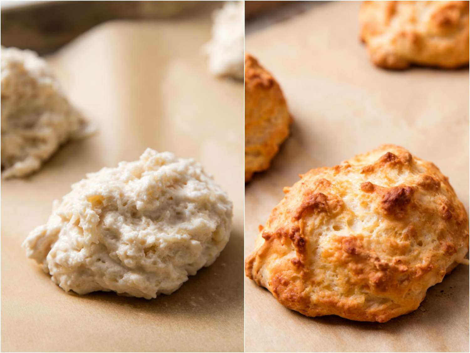 Drop biscuits made with kefir, before and after baking