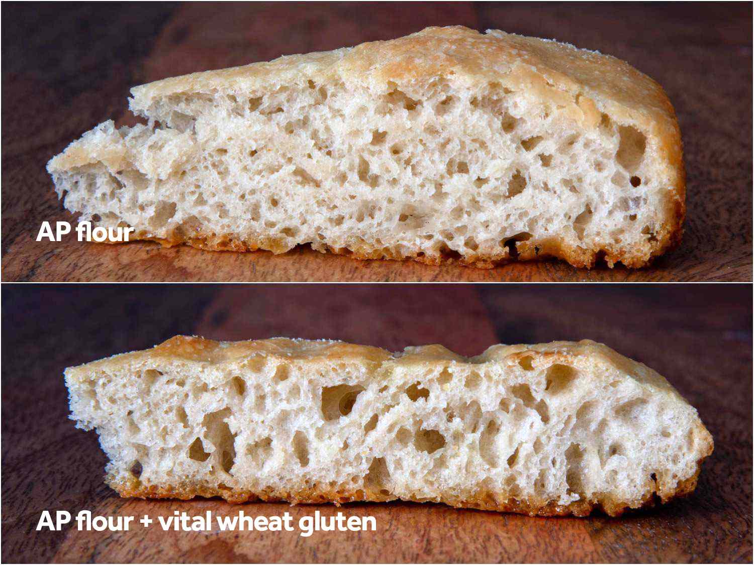 Comparison of focaccia interiors baked using only all-purpose flour vs all-purpose flour + vital wheat gluten.