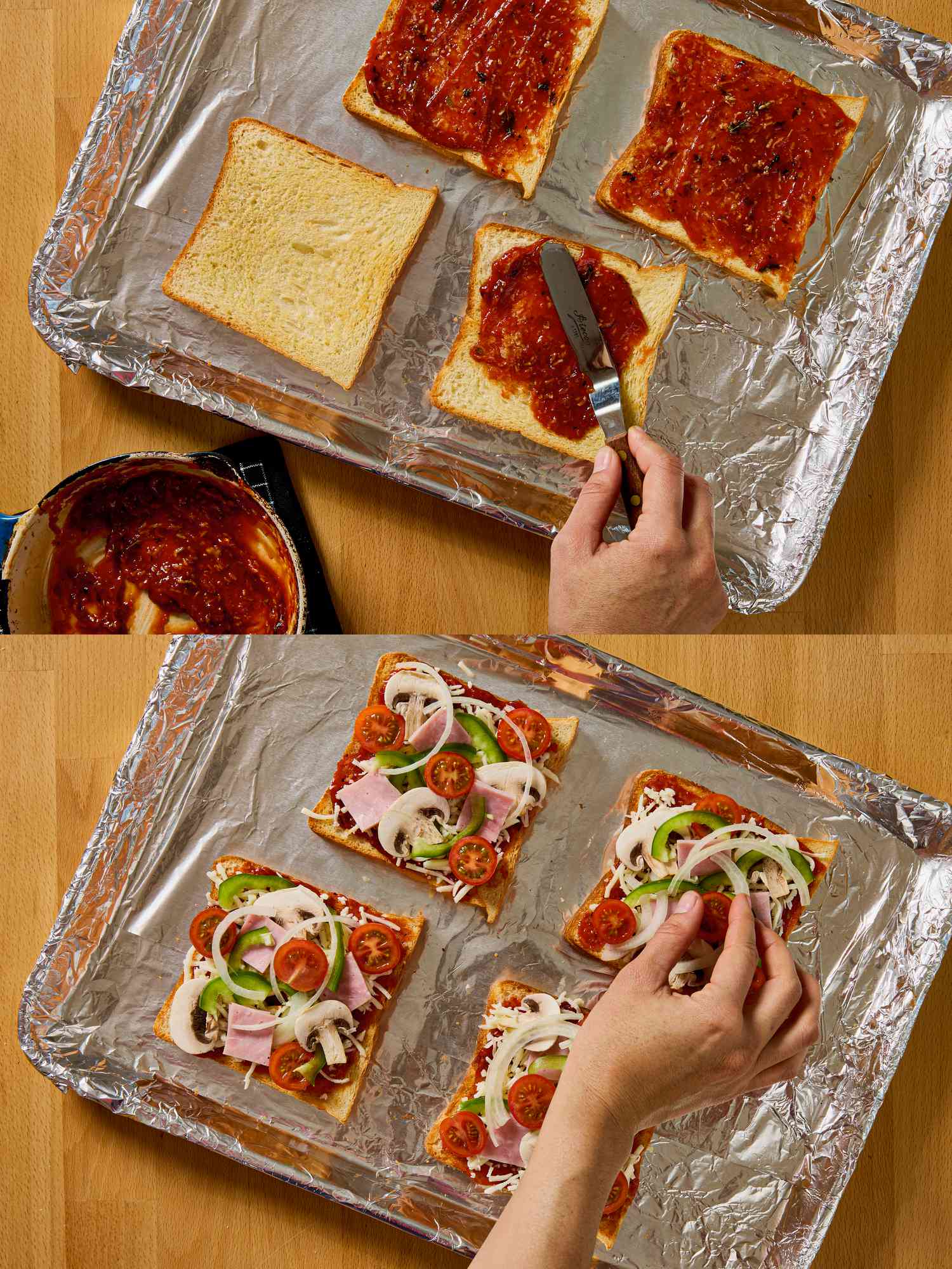 2 image collage. Top: spreading sauce Bottom: topping pizza toast with cheese, onions and pepperoni