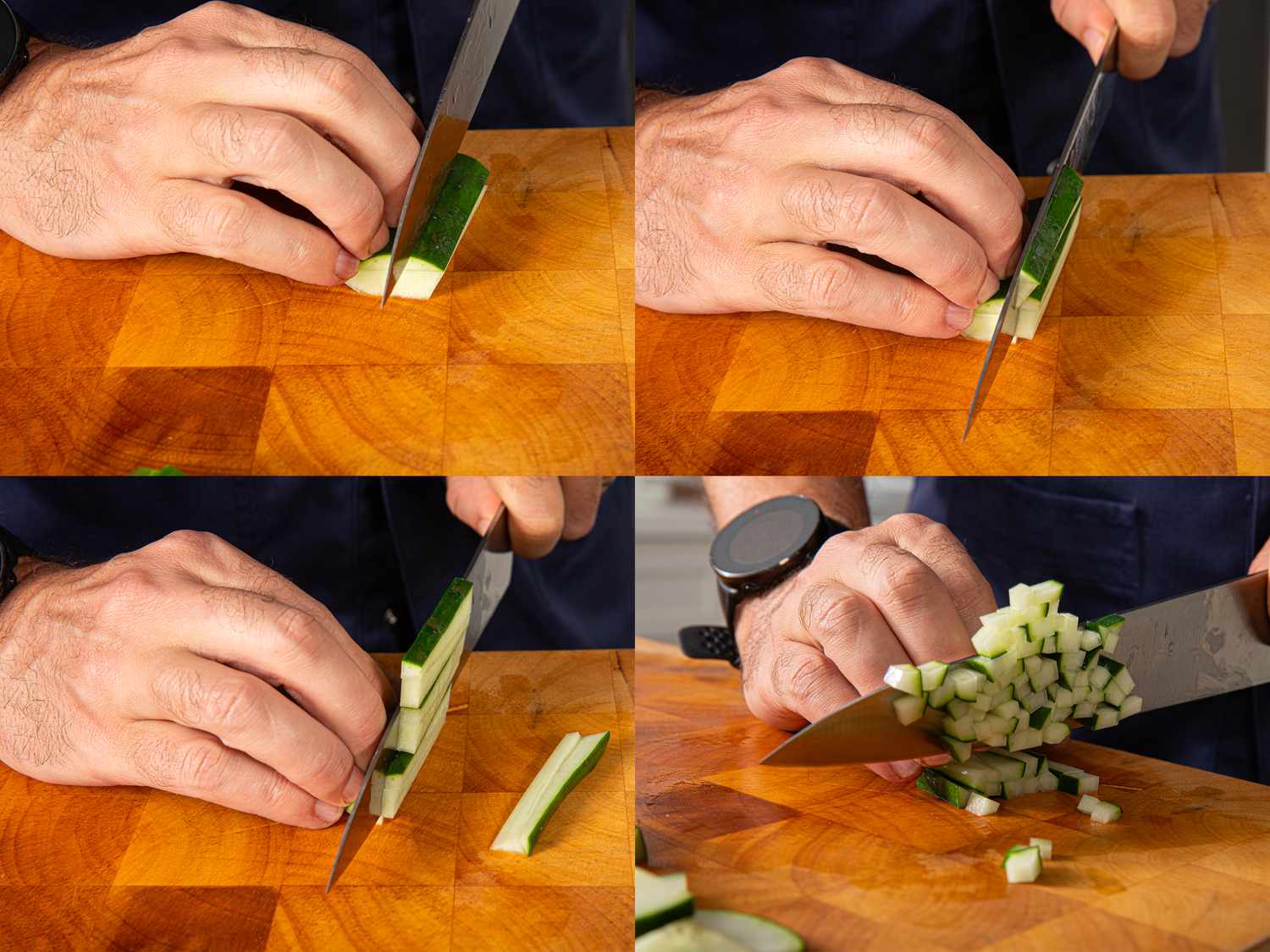 Four image collage of finely dicing cucumbers