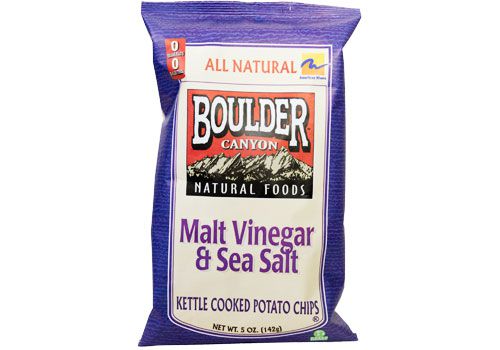 A bag of Boulder Canyon Malt vinegar and sea salt potato chips. 