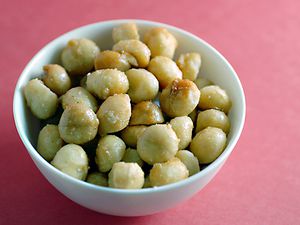 A bowl of macadamia nuts.