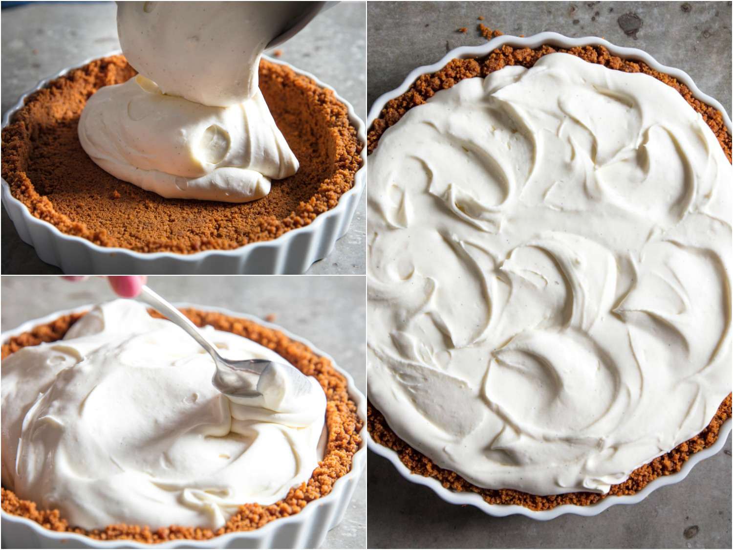A collage of 3 images showing the cheesecake filling being poured into a prepared pie plate with Biscoff cookies crust. The surface of the filling is full of swirls. 
