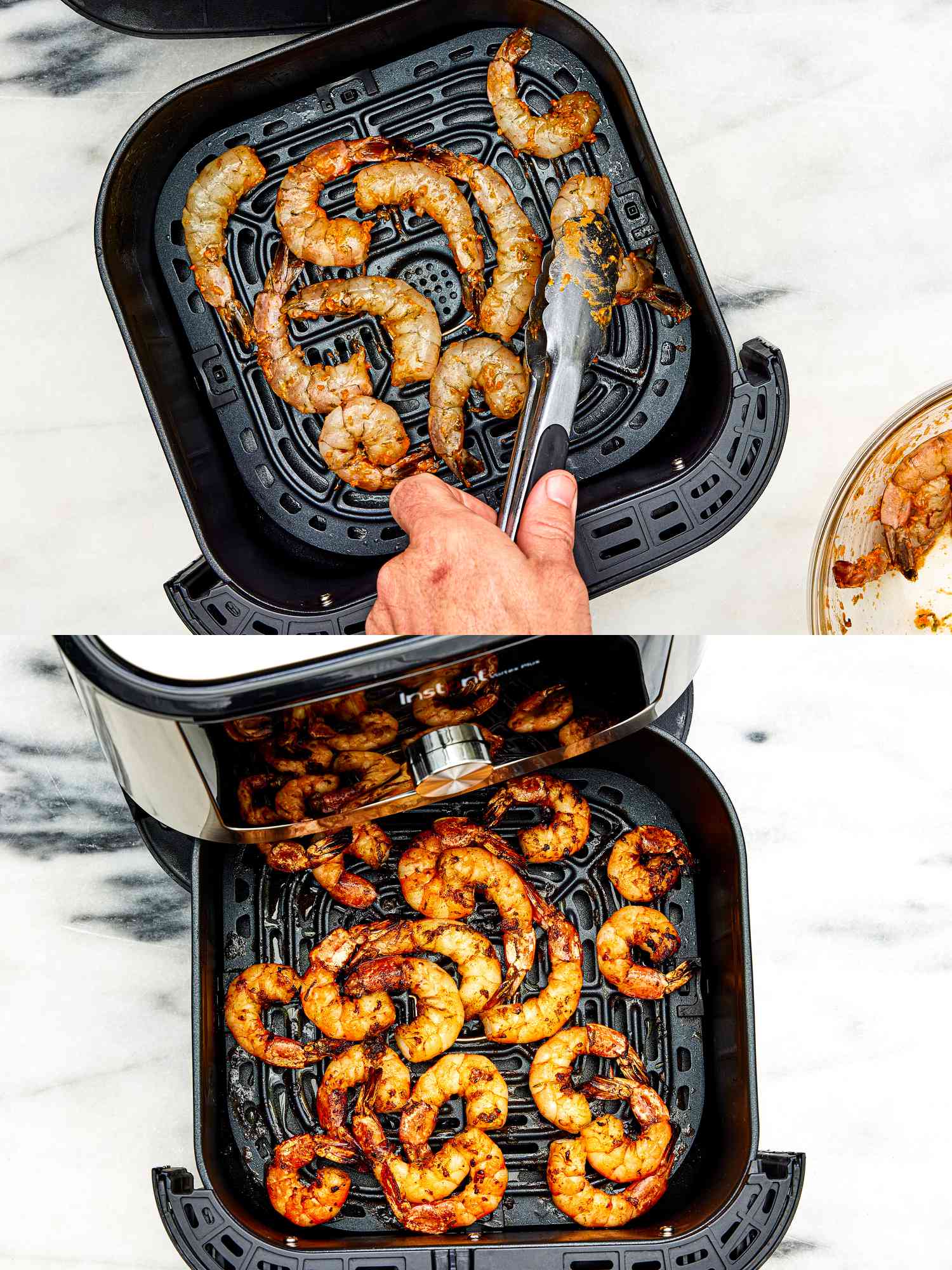 Two image collage of air frying shrimp