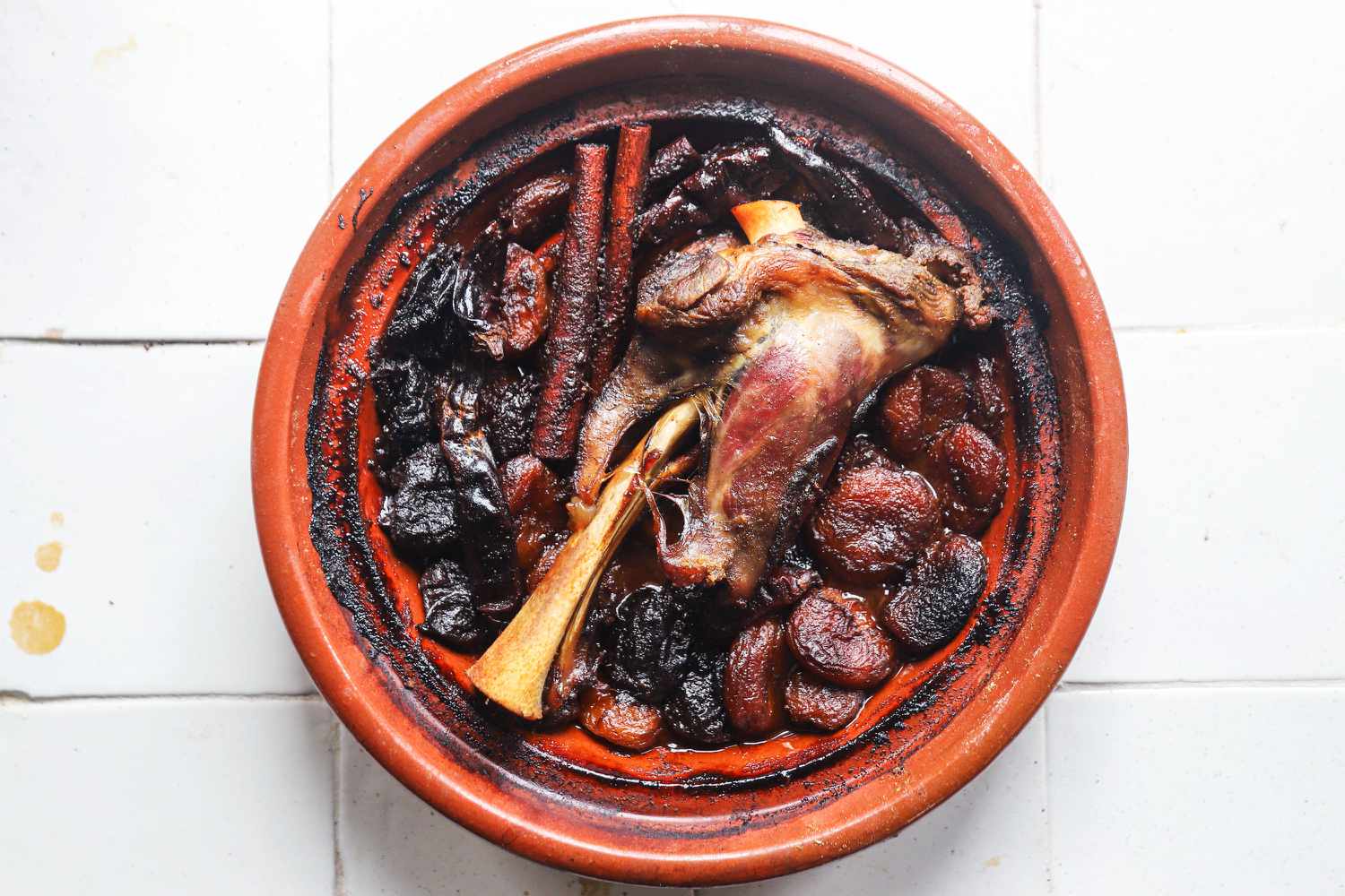 overhead shot of tagine with lamb and apricot stew