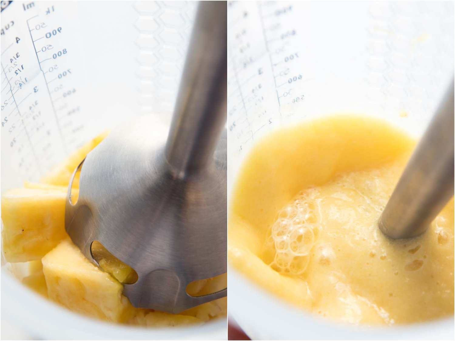 Before and after photos of making pineapple puree with an immersion blender.