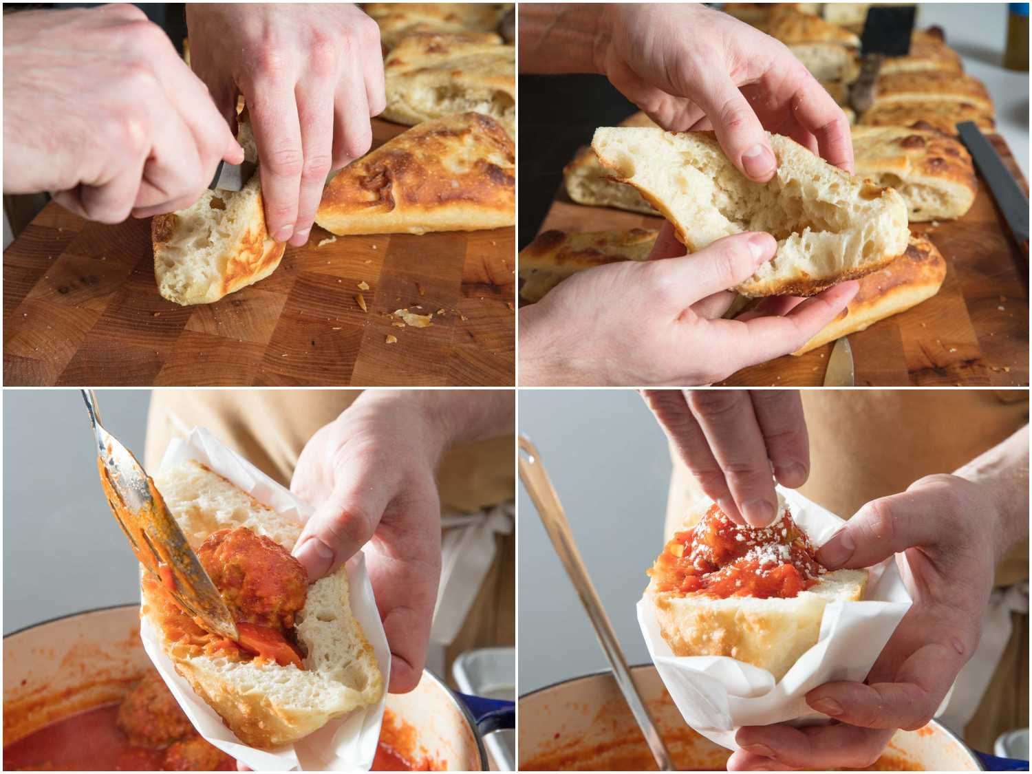 Process shots of cutting a slit in pizza pocket and stuffing with filling.