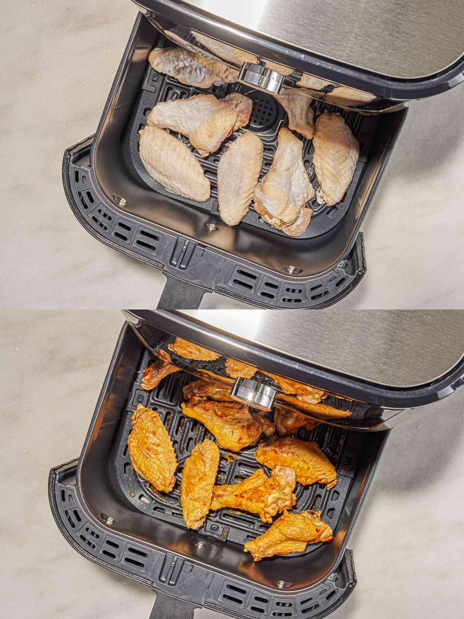 Two image collage of overhead view of chicken wings before and after in the airfryer