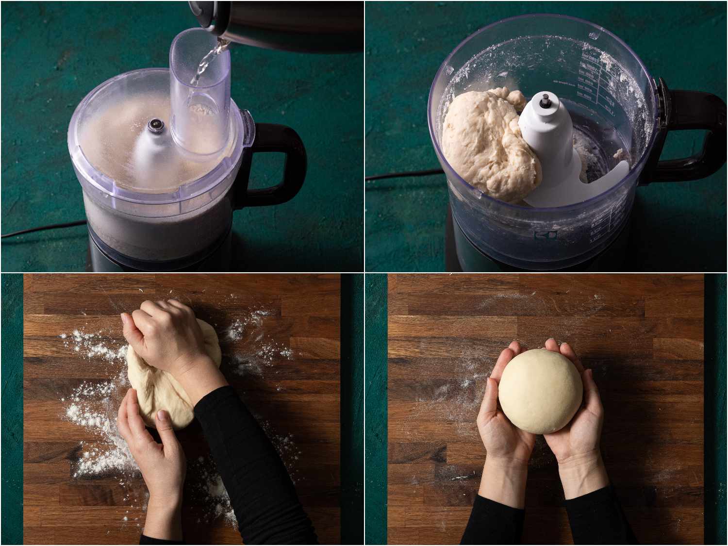 A collage showing the scallion pancake dough being made in a food processor and then being kneaded into a smooth ball on a wooden cutting board.