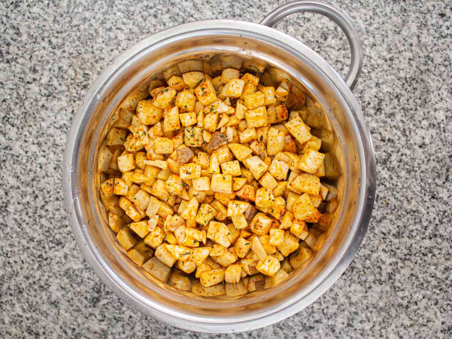 Overhead view of king oyster mushrooms in a borl