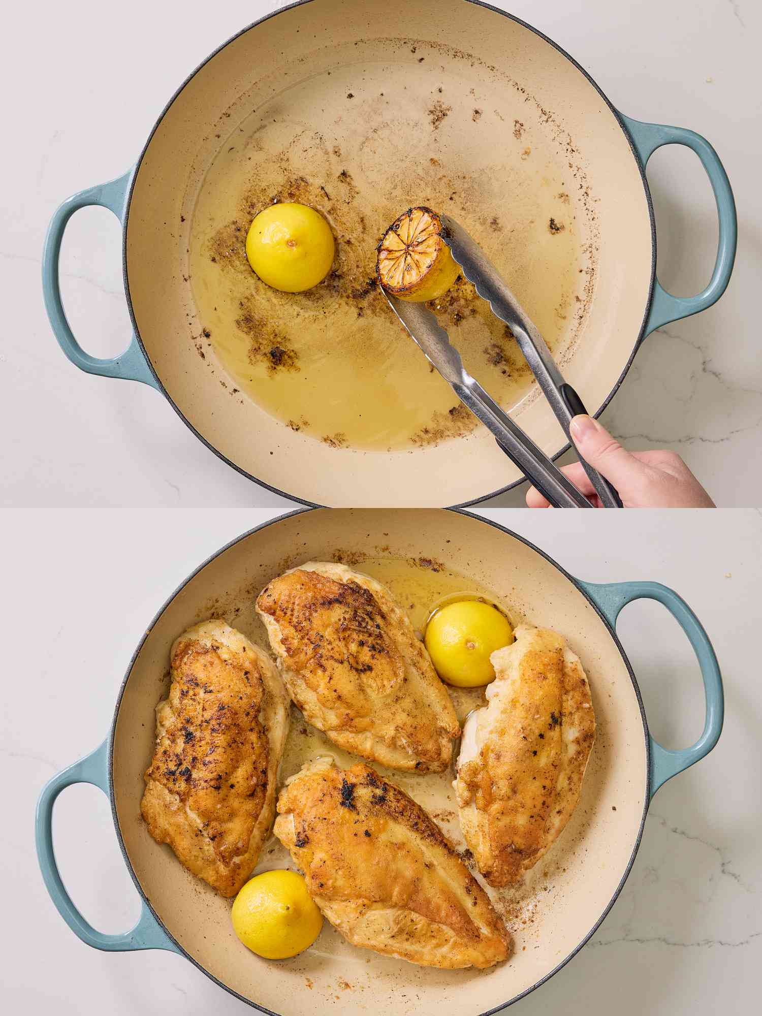 2 image collage. Top: Lemon halves cooking in a skillet with oil. Bottom: Lemon halves cooking in a skillet with oil
