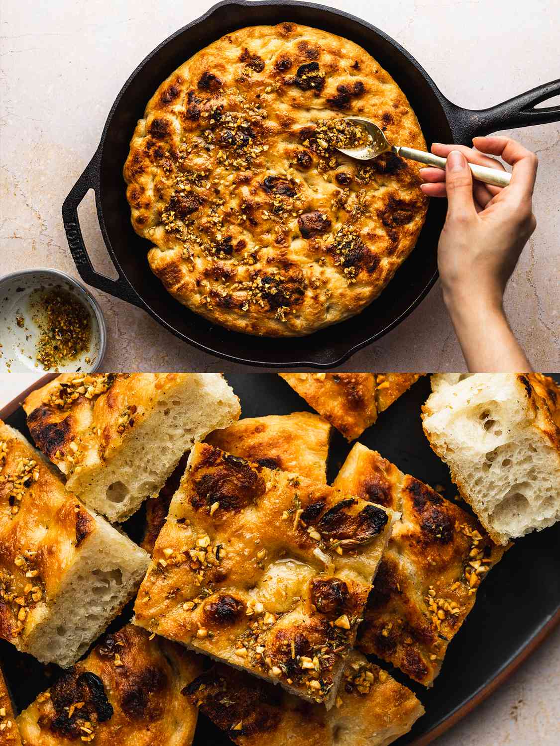 A 2-image collage of garlic butter being spooned over focaccia and sliced pieces of focaccia on a serving platter.