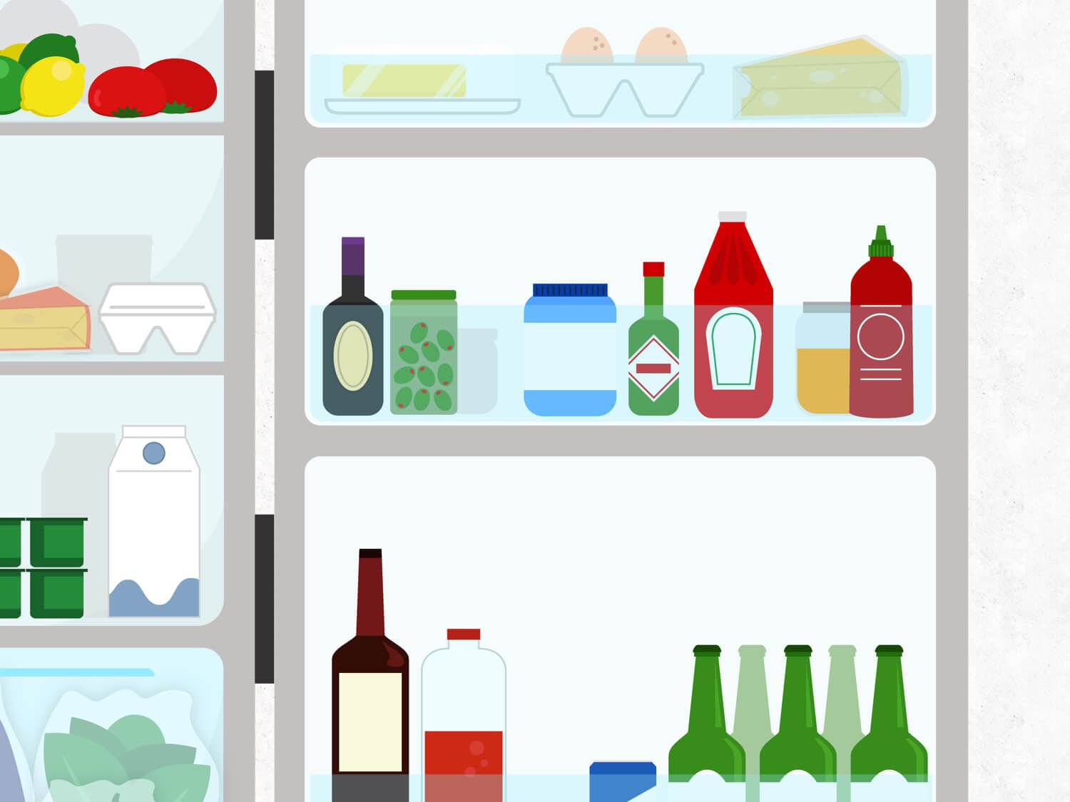Graphic illustration of the side shelves on a refrigerator door, holding various bottles and jars, eggs, butter, and cheese